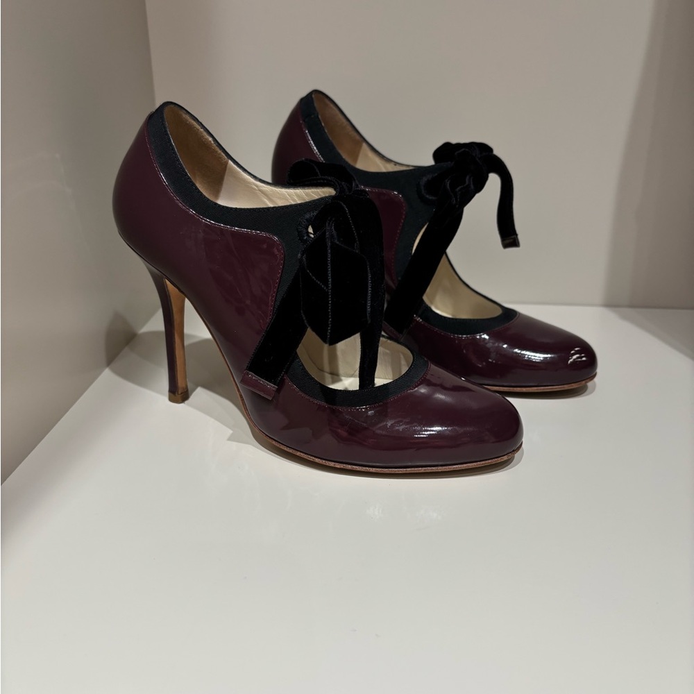 Rupert Sanderson Burgundy Heels stilettos pumps t strap with bow tie size 6.5